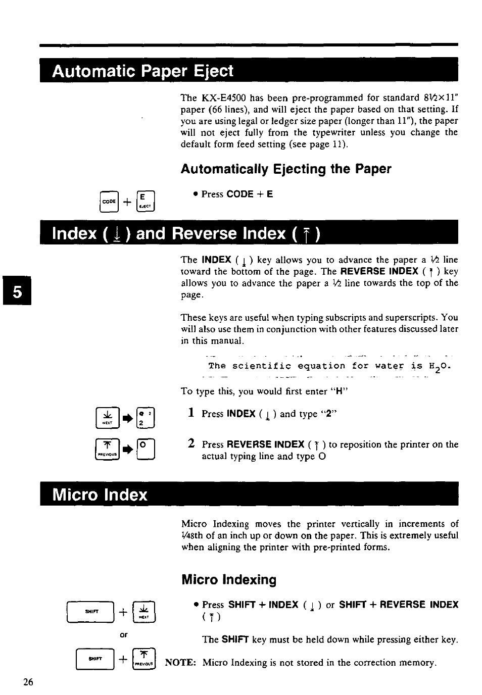 Automatic paper eject, Automatically ejecting the paper, Index (i) and reverse index (|) | Micro index, Micro indexing, Press shift + index ( ] ) or shift + reverse index, Automatic paper insertion, Index, And reverse index (|) rn^n | Panasonic KX-E4500 User Manual | Page 36 / 252