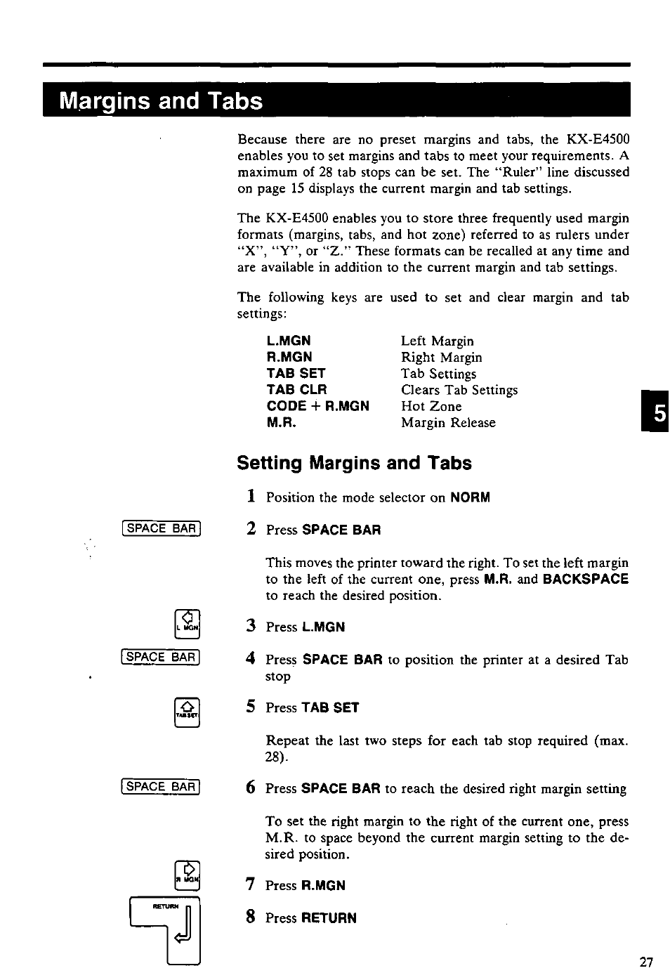 Margins and tabs, Setting margins and tabs, Setting margins and tabs 1 | Panasonic KX-E4500 User Manual | Page 37 / 252