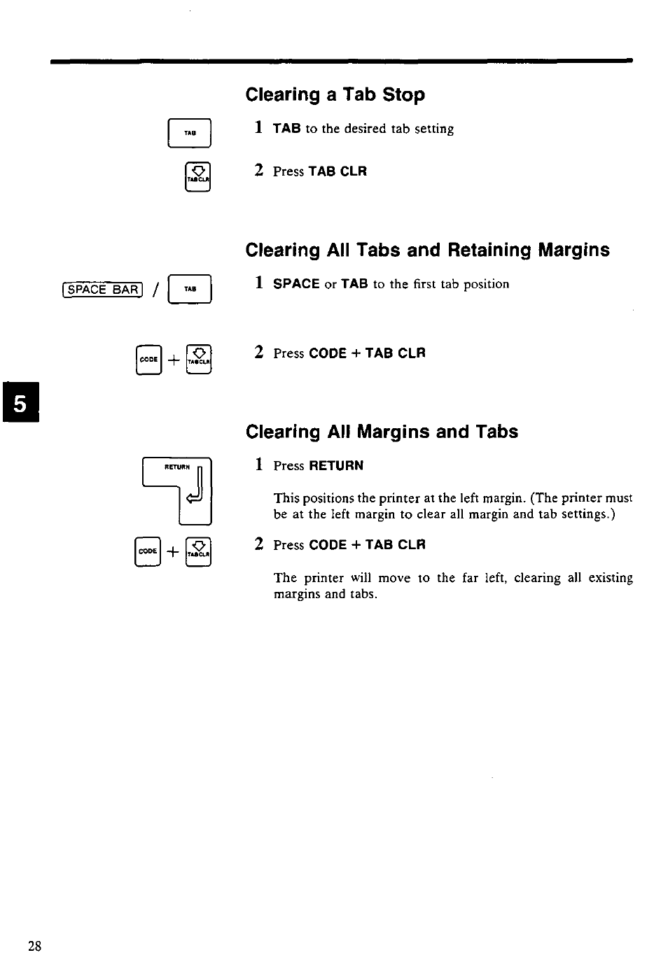 Clearing a tab stop, Clearing all tabs and retaining margins, Clearing all margins and tabs | Clearing a tab stop 1, Clearing all tabs and retaining margins 1, Clearing all margins and tabs 1 | Panasonic KX-E4500 User Manual | Page 38 / 252