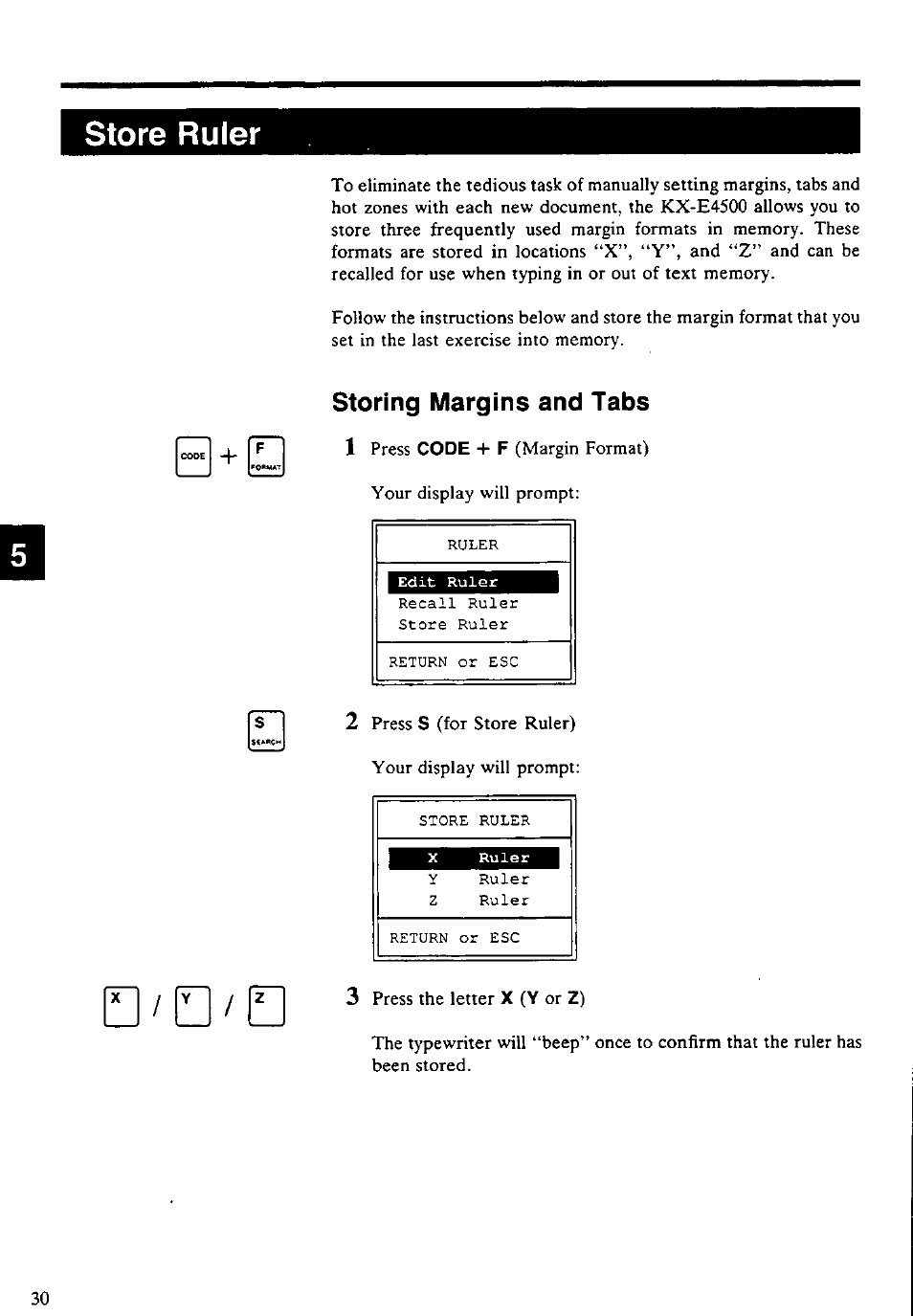 Storing margins and tabs, Store ruler, Storing margins and tabs 1 | Panasonic KX-E4500 User Manual | Page 40 / 252