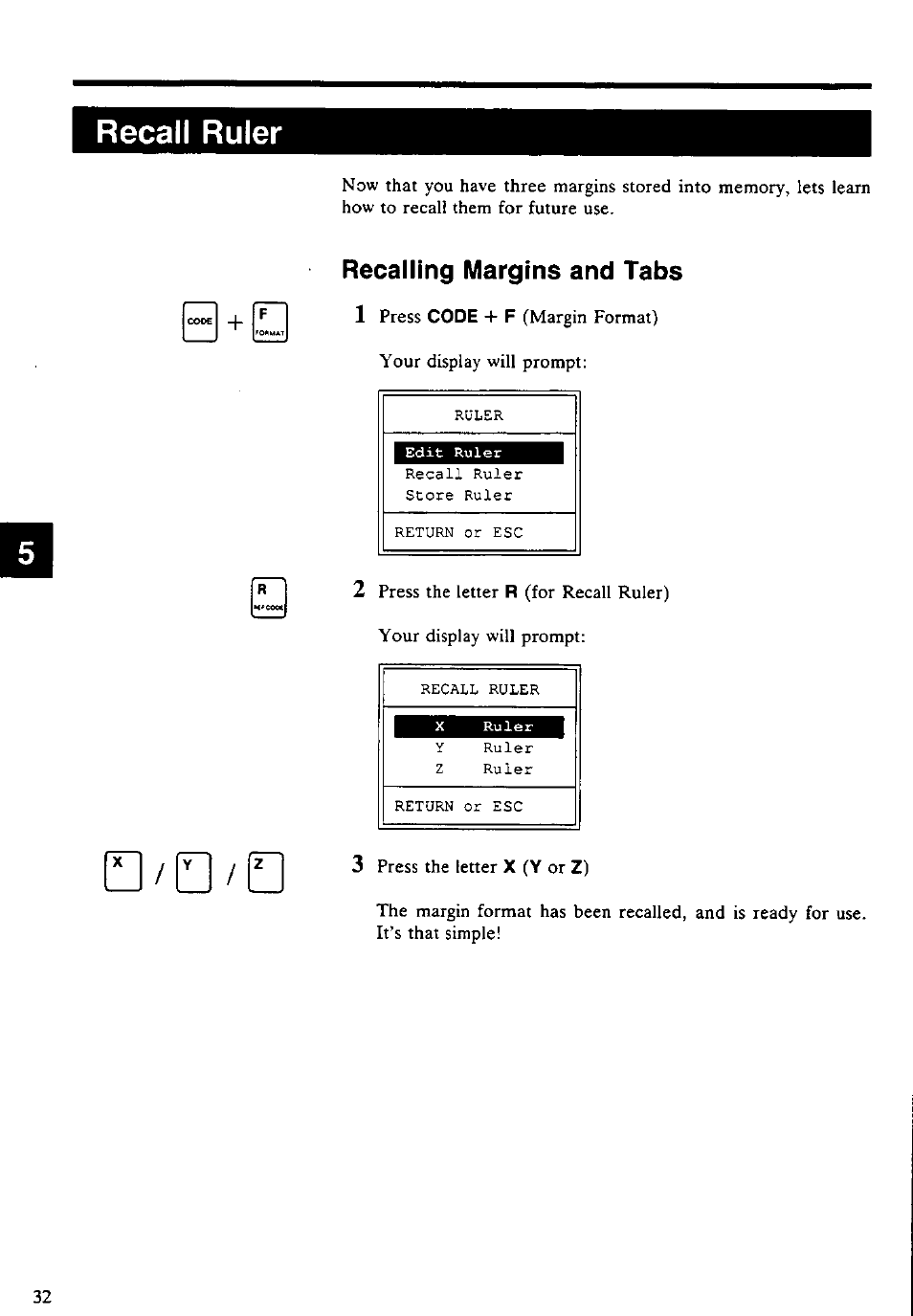Recall ruler, Recalling margins and tabs, Recalling margins and tabs 1 | Panasonic KX-E4500 User Manual | Page 42 / 252