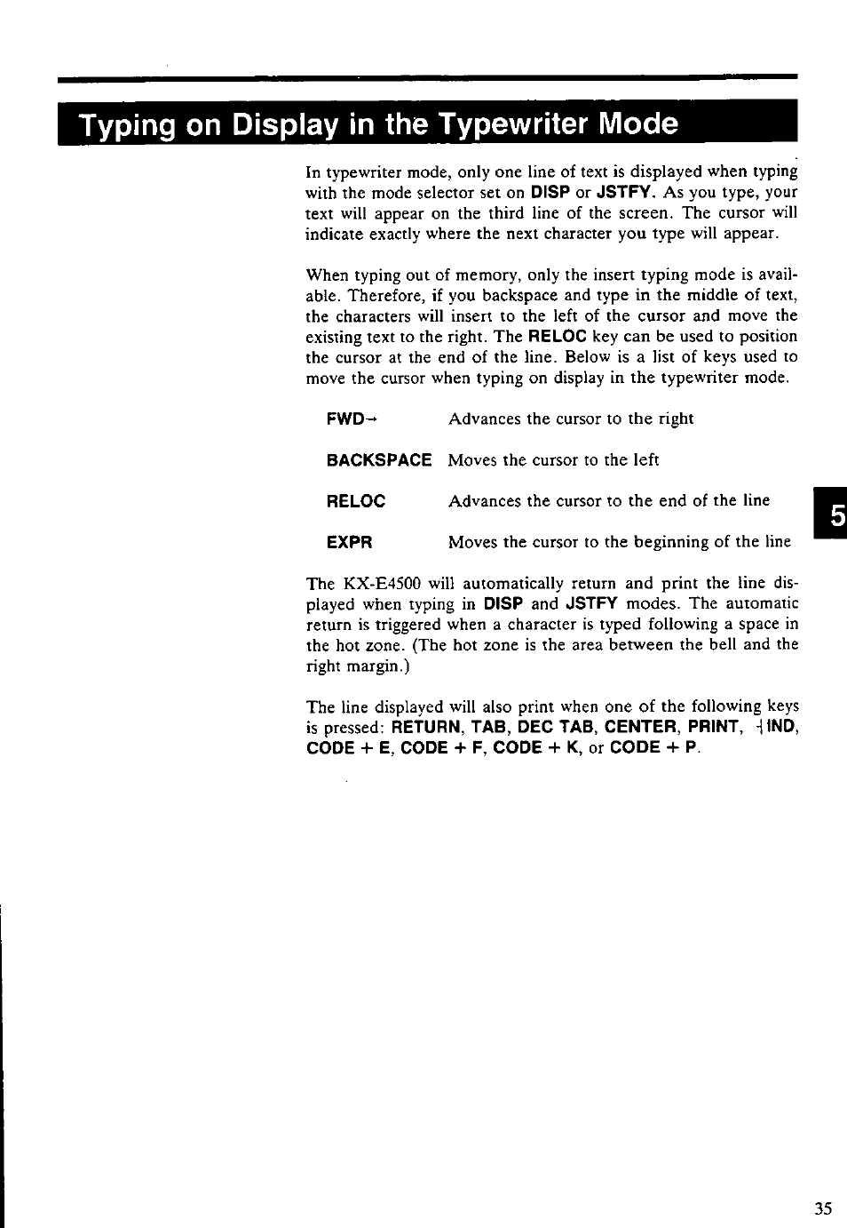 Typing on display in the typewriter mode, Reloc, Expr | Panasonic KX-E4500 User Manual | Page 45 / 252