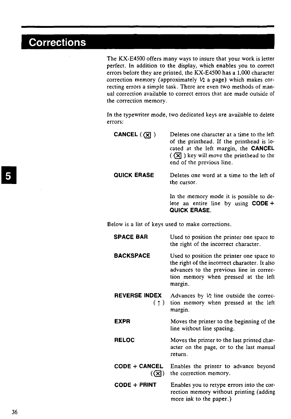 Corrections, Space bar, Backspace | Reverse index, Expr, Reloc | Panasonic KX-E4500 User Manual | Page 46 / 252