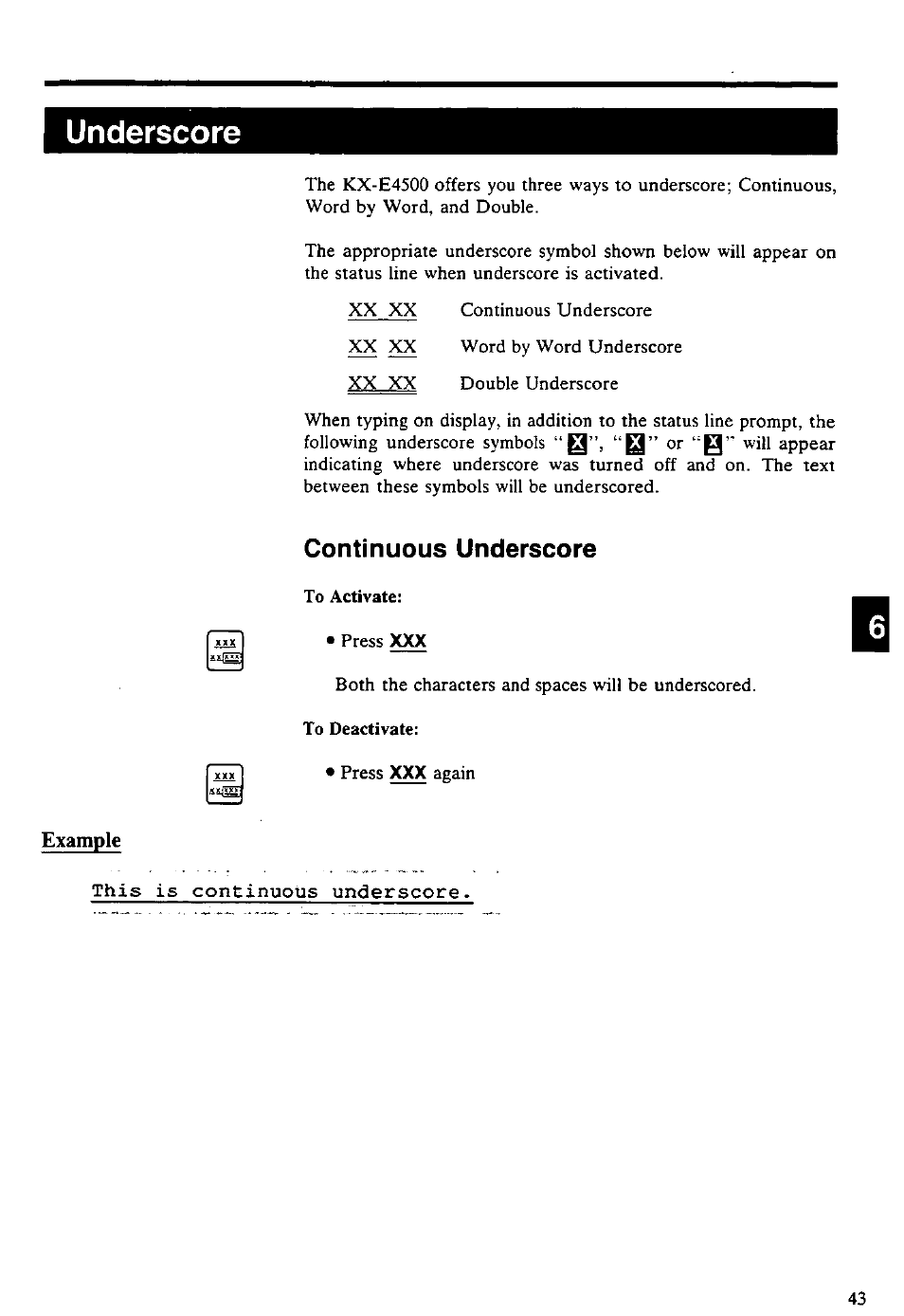 Underscore, Example, Continuous underscore | Panasonic KX-E4500 User Manual | Page 53 / 252