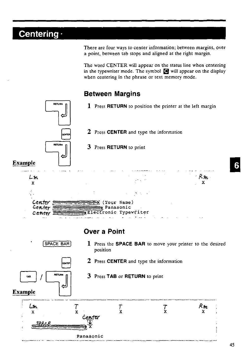 Centering, Example, Between margins | Over a point, Between margins over a point, Between margins 1, Over a point 1 | Panasonic KX-E4500 User Manual | Page 55 / 252