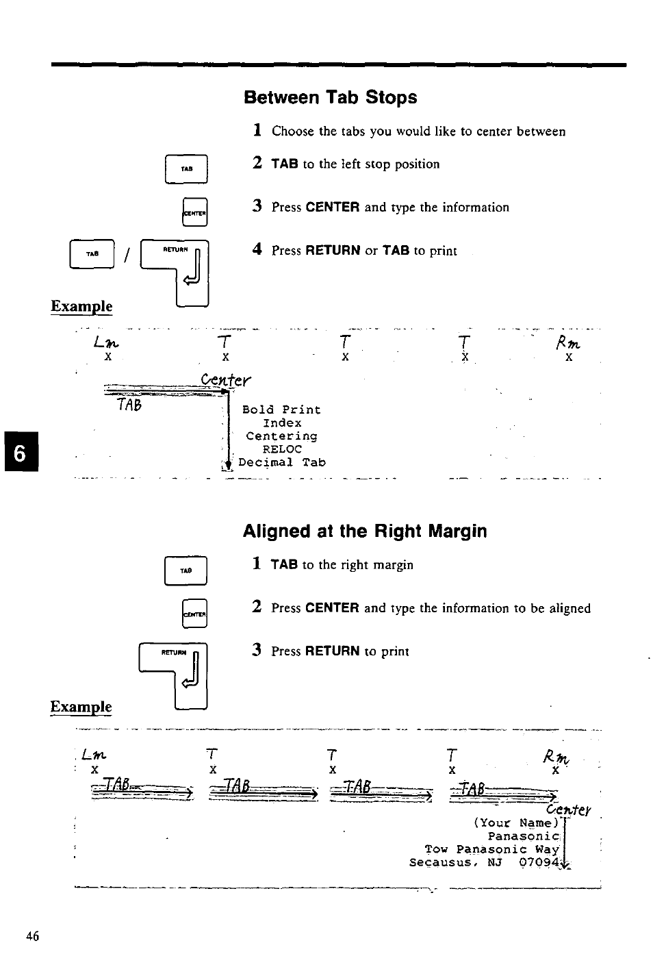Between tab stops, Example, Aligned at the right margin | Between tab stops aligned at the right margin, F h / p, Aligned at the right margin 1 | Panasonic KX-E4500 User Manual | Page 56 / 252