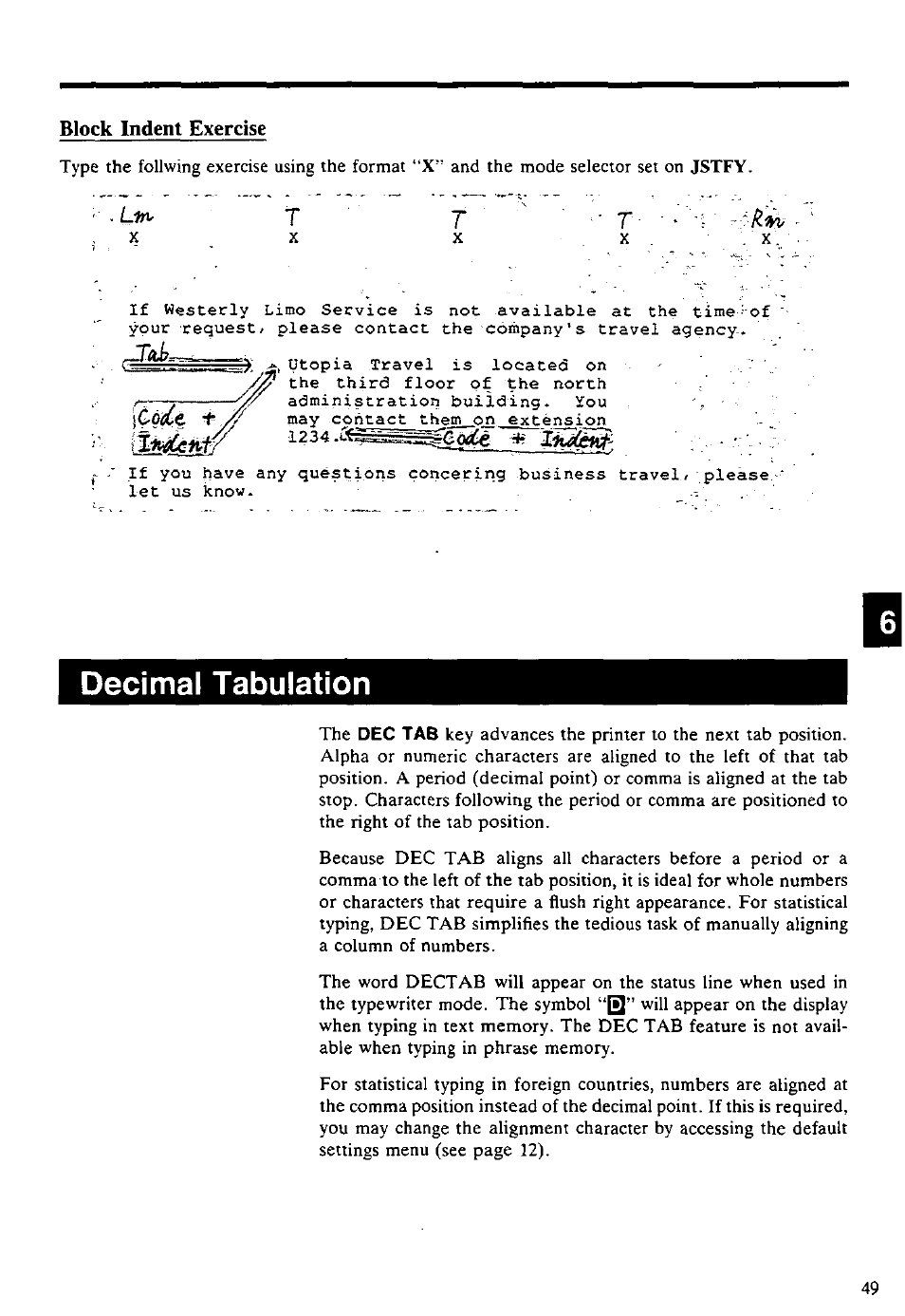 Block indent exercise, Decimal tabulation | Panasonic KX-E4500 User Manual | Page 59 / 252