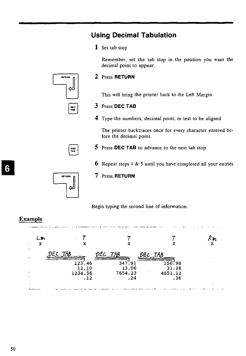 Using decimal tabulation, 2 press return, 7 press return | Example, Uh^ t, Msr^ mo jar, Using decimal tabulation 1 | Panasonic KX-E4500 User Manual | Page 60 / 252