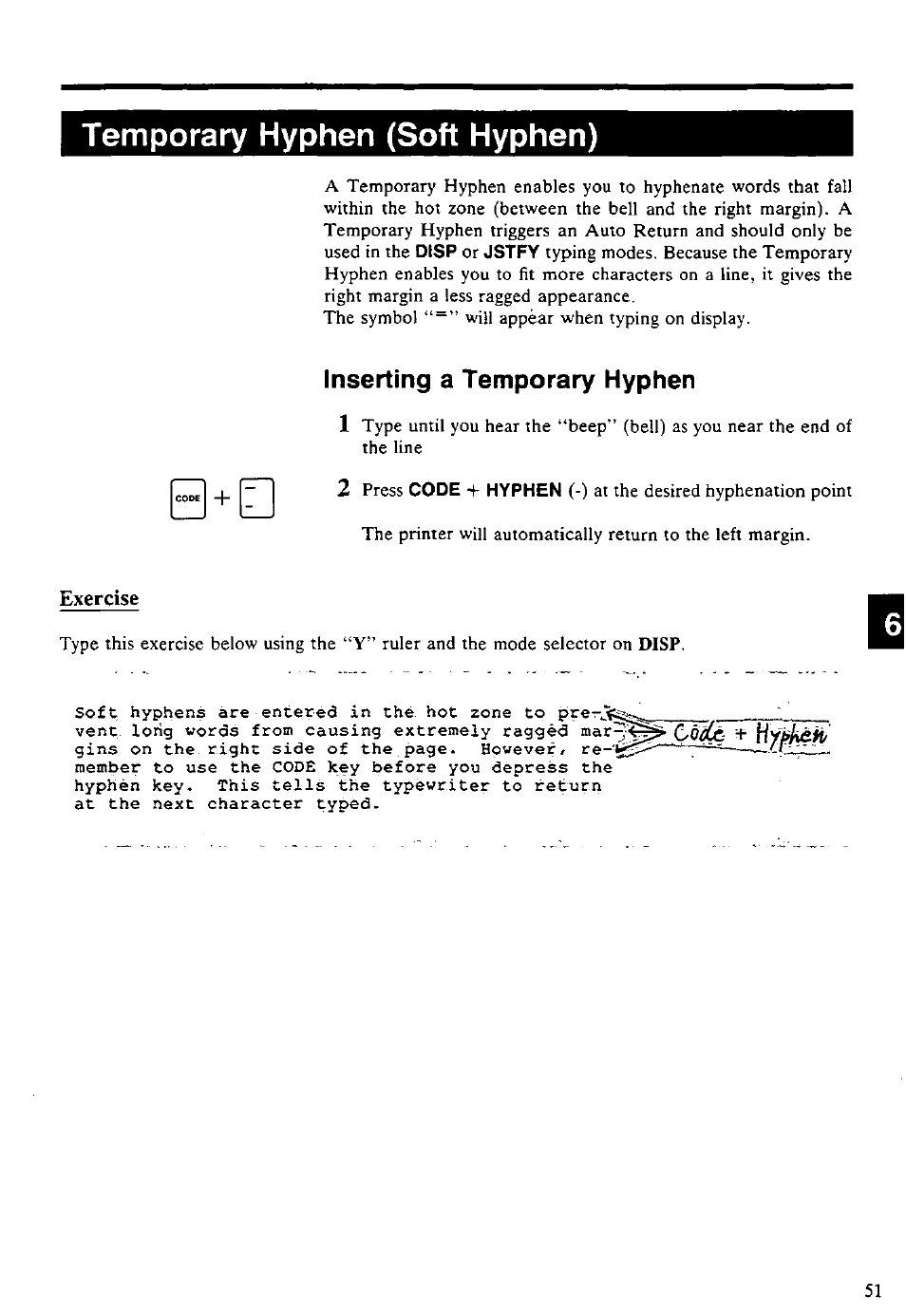 Temporat7 hyphen (soft hyphen), Inserting a temporary hyphen, Inserting a temporary hyphen 1 | Exercise, Press | Panasonic KX-E4500 User Manual | Page 61 / 252