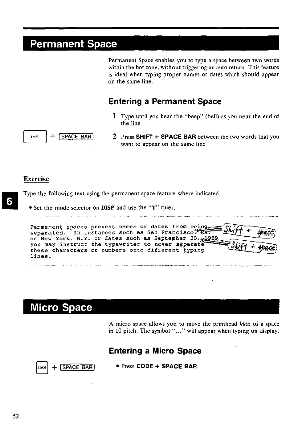 Permanent space, Entering a permanent space, Micro space | Entering a micro space, Press code + space bar, Entering a permanent space 1, Exercise, Press | Panasonic KX-E4500 User Manual | Page 62 / 252