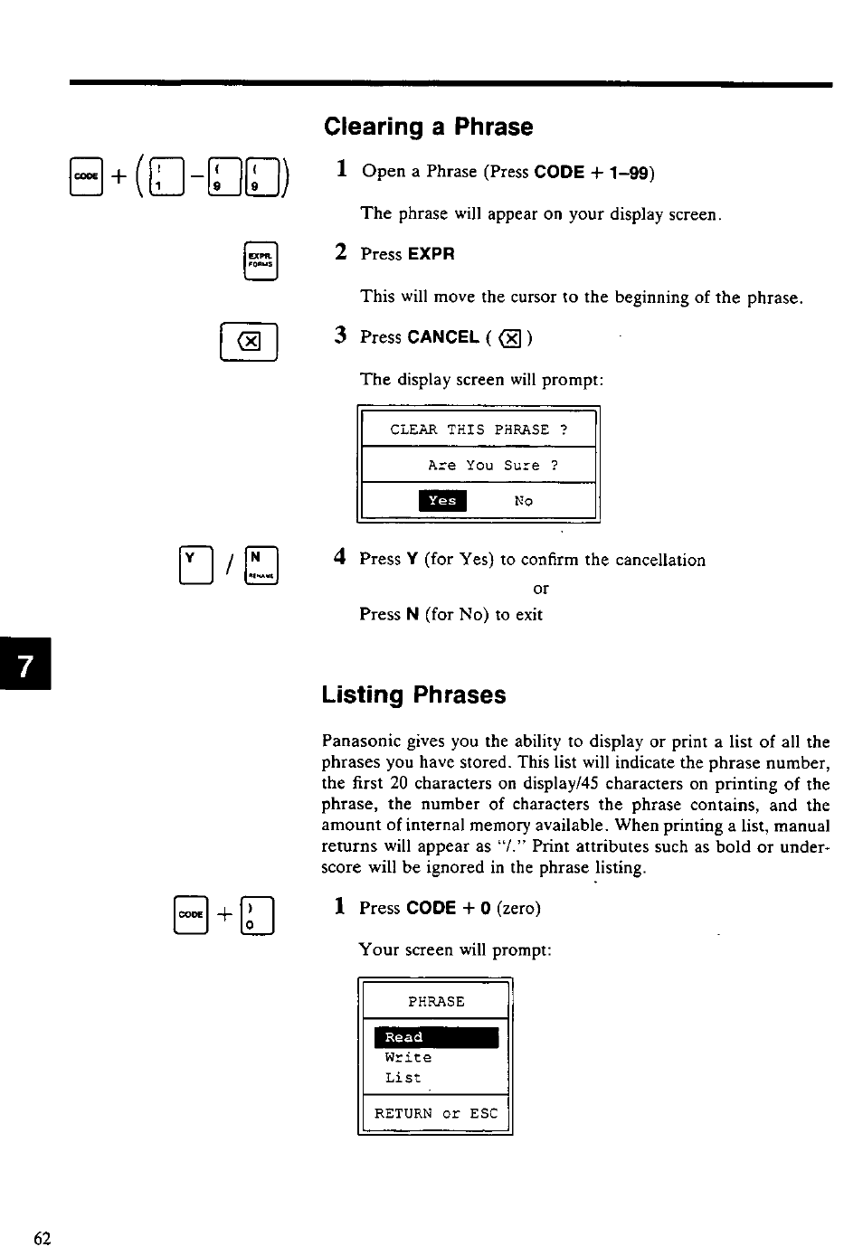 Clearing a phrase, 3 press cancel ( <^ ), Listing phrases | Clearing a phrase listing phrases, B-(d-od) | Panasonic KX-E4500 User Manual | Page 72 / 252