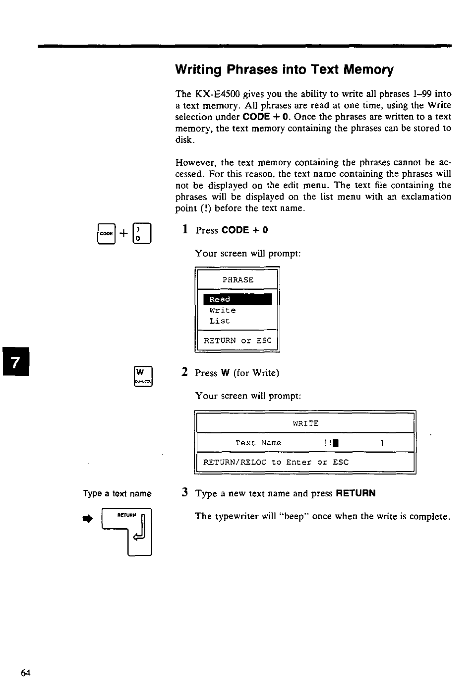 Writing phrases into text memory | Panasonic KX-E4500 User Manual | Page 74 / 252