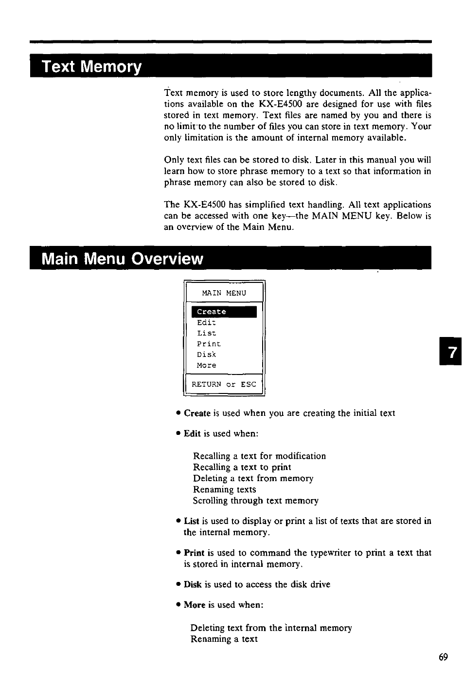 Text memory, Main menu overview, Text memory • main menu overview | Panasonic KX-E4500 User Manual | Page 79 / 252