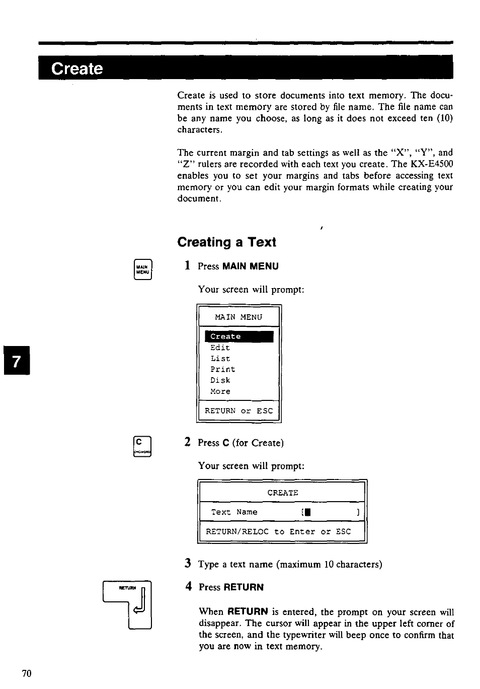 Create, Creating a text, 4 press return | Creating a text 1 | Panasonic KX-E4500 User Manual | Page 80 / 252