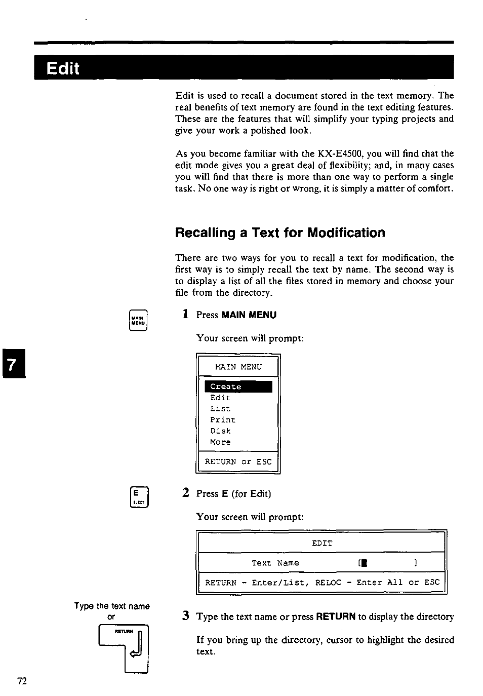 Recalling a text for modification | Panasonic KX-E4500 User Manual | Page 82 / 252