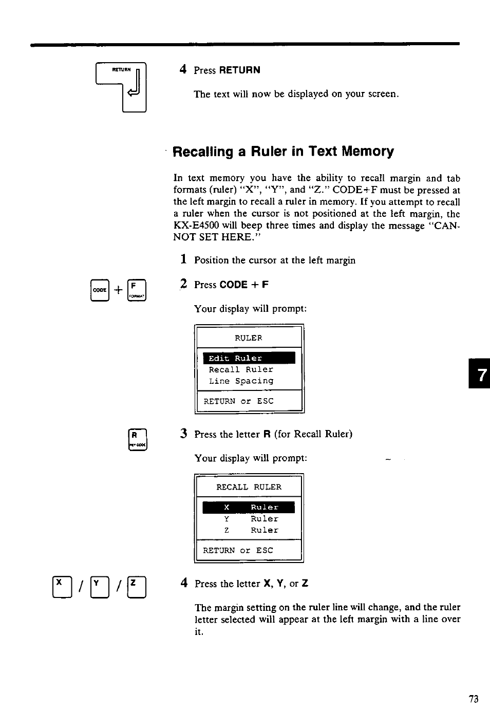 Recalling a ruler in text memory | Panasonic KX-E4500 User Manual | Page 83 / 252