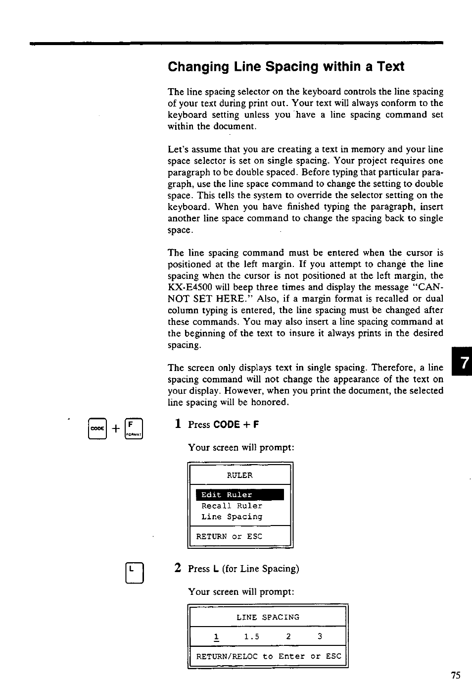 Changing line spacing within a text | Panasonic KX-E4500 User Manual | Page 85 / 252