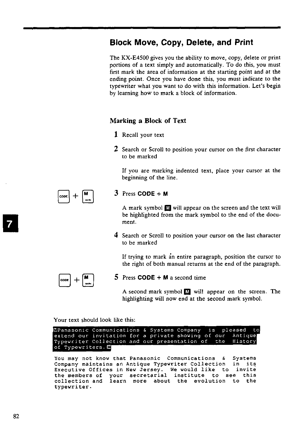 Block move, copy, delete, and print, Marking a block of text, Recall your text | Press | Panasonic KX-E4500 User Manual | Page 92 / 252