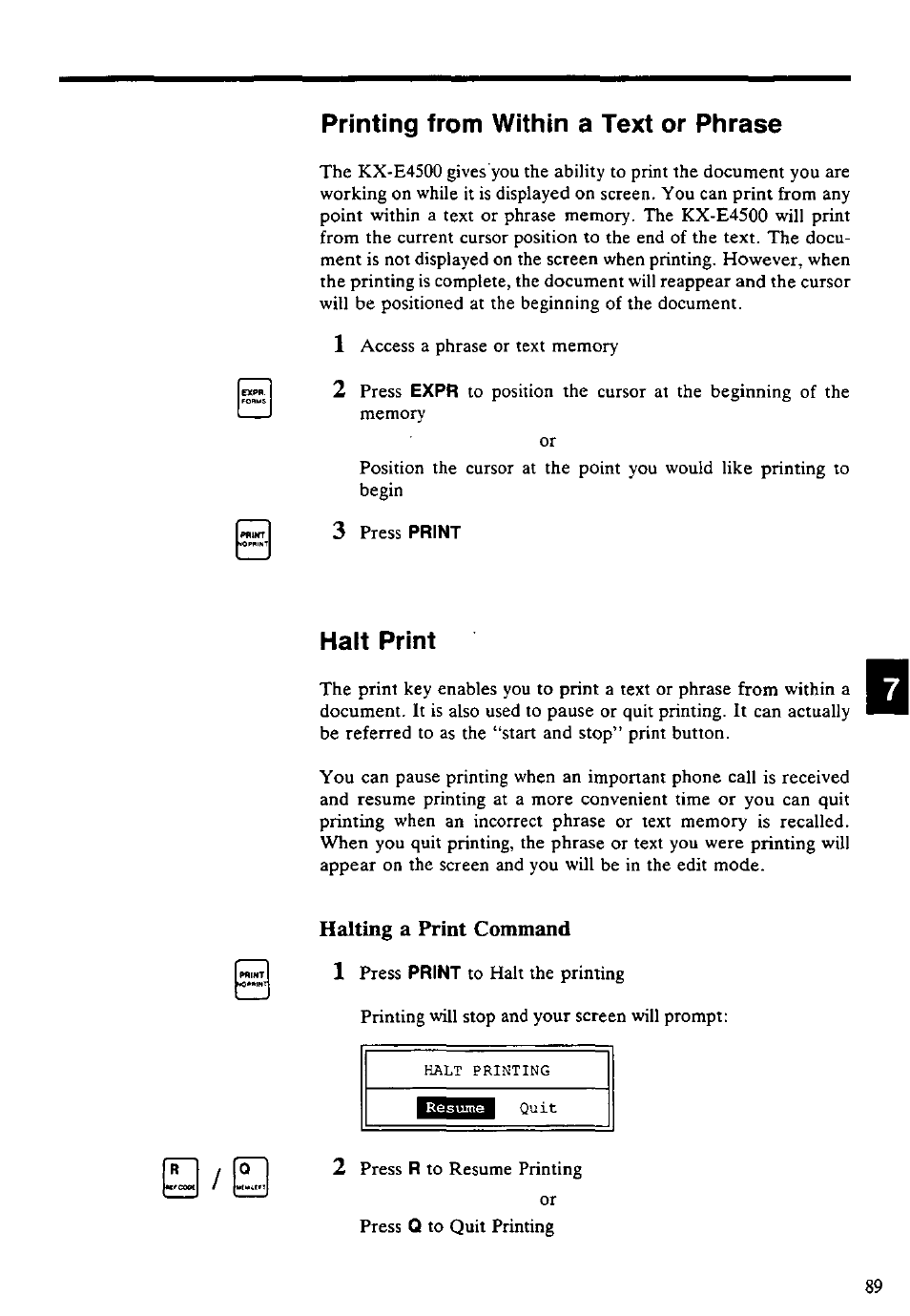 Printing from within a text or phrase, Halt print, Printing from within a text or phrase halt print | Panasonic KX-E4500 User Manual | Page 99 / 252