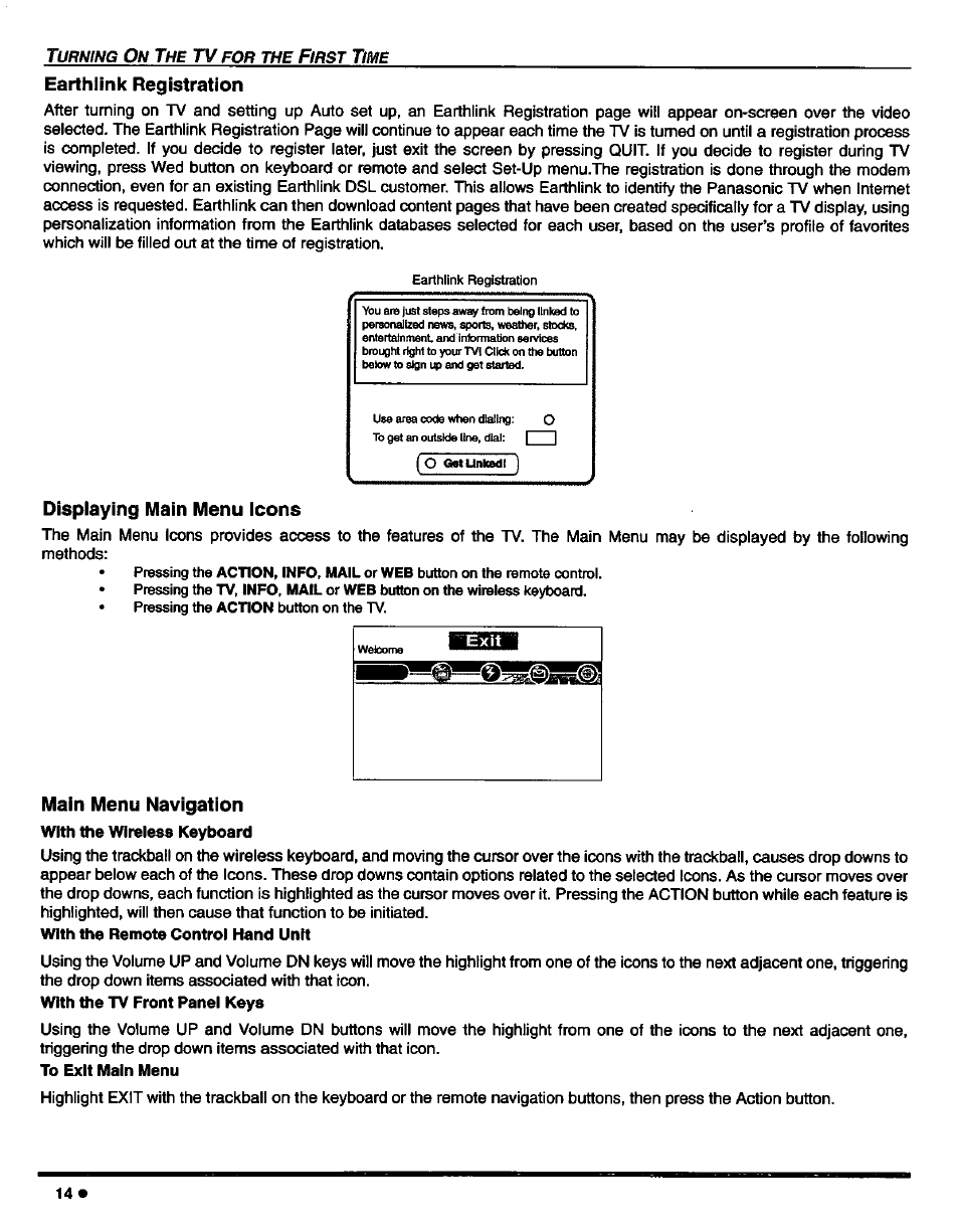 Earthlink registration, Displaying main menu icons, Main menu navigation | Panasonic CT-27D42 User Manual | Page 16 / 36