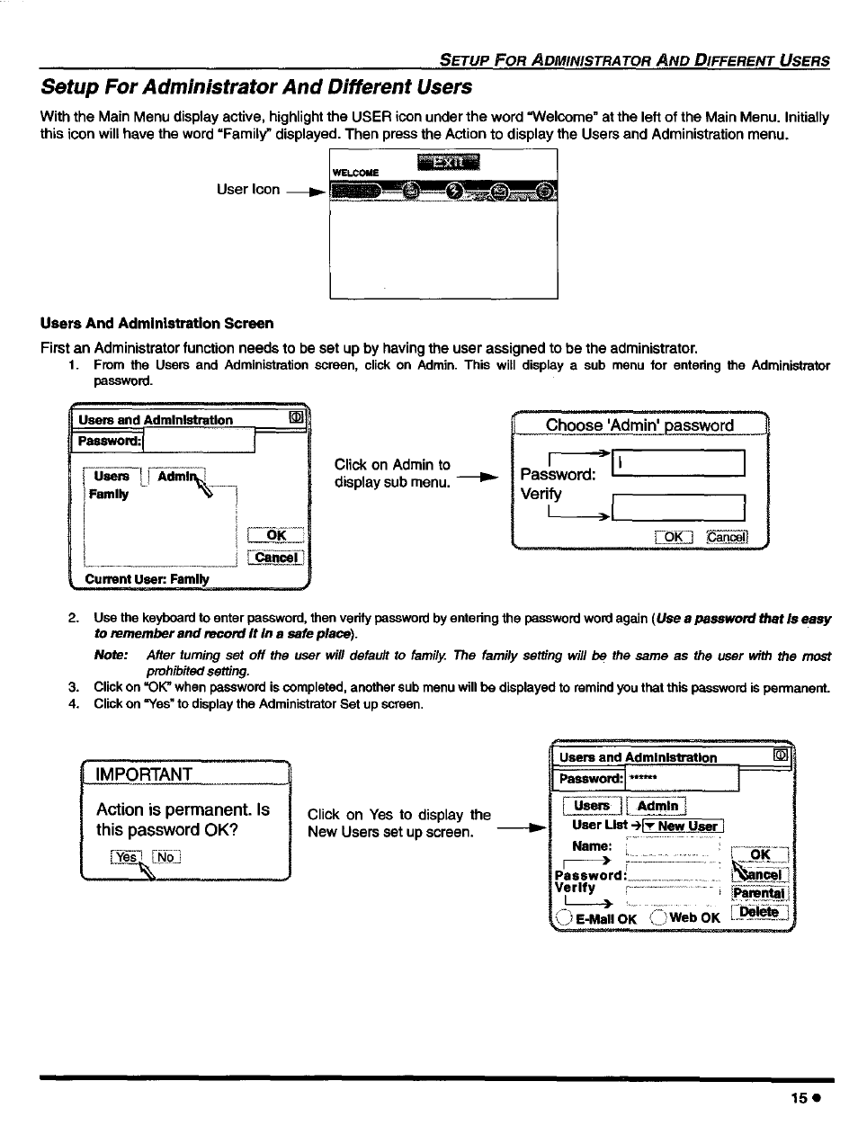 Setup for administrator and different users, Users and administration screen | Panasonic CT-27D42 User Manual | Page 17 / 36