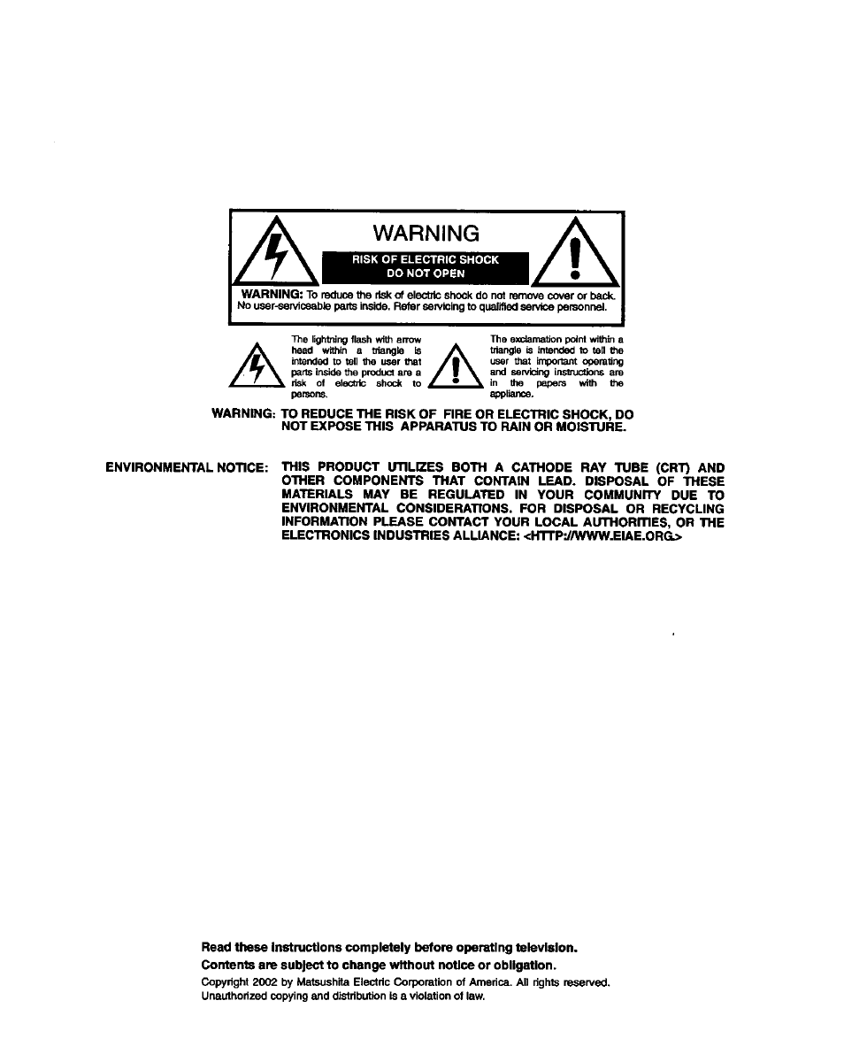 Warning | Panasonic CT-27D42 User Manual | Page 2 / 36