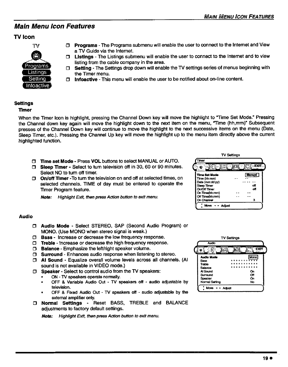 Main menu icon features, Tv icon, Settings | Audio | Panasonic CT-27D42 User Manual | Page 21 / 36