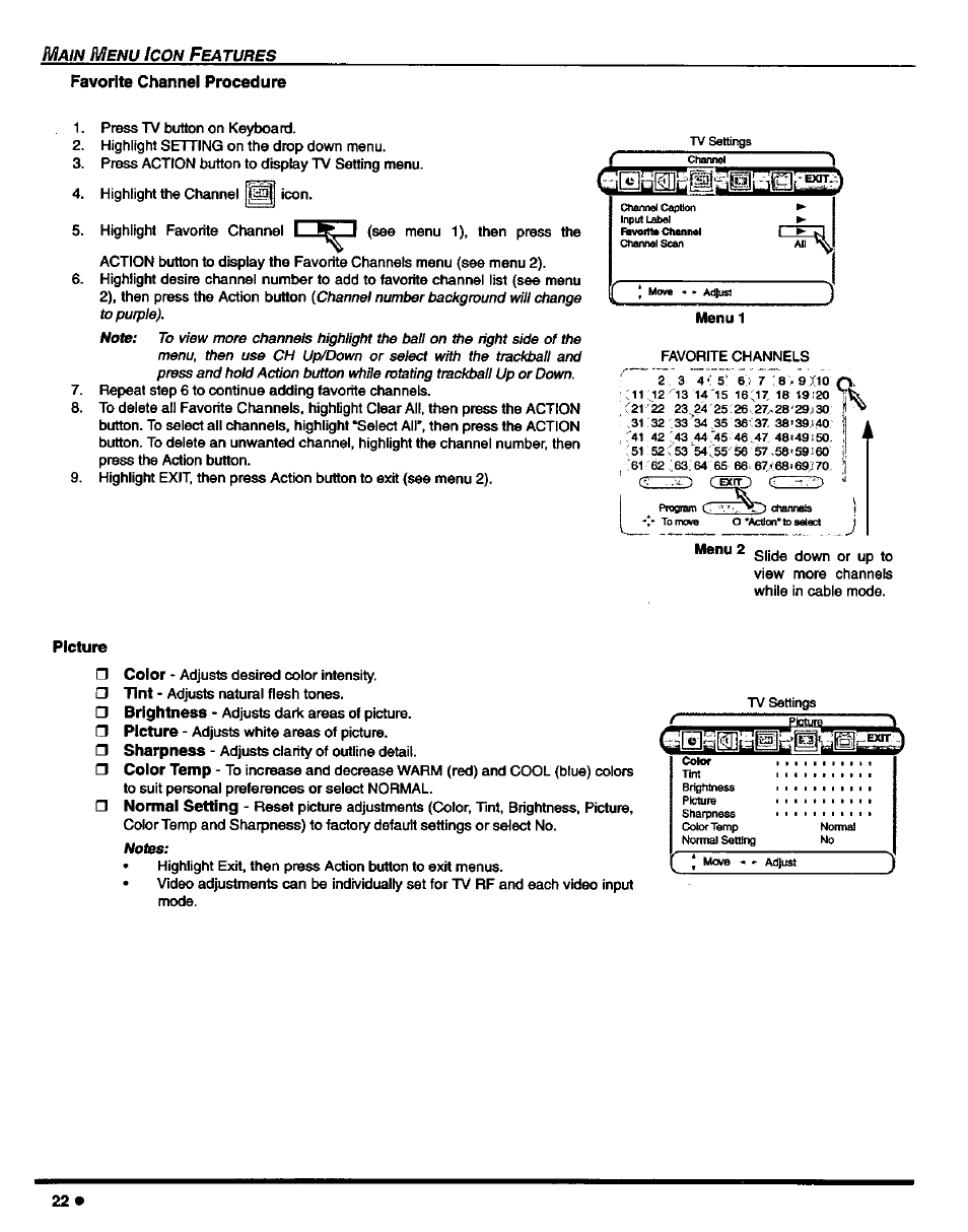 Favorite channel procedure, Picture | Panasonic CT-27D42 User Manual | Page 24 / 36