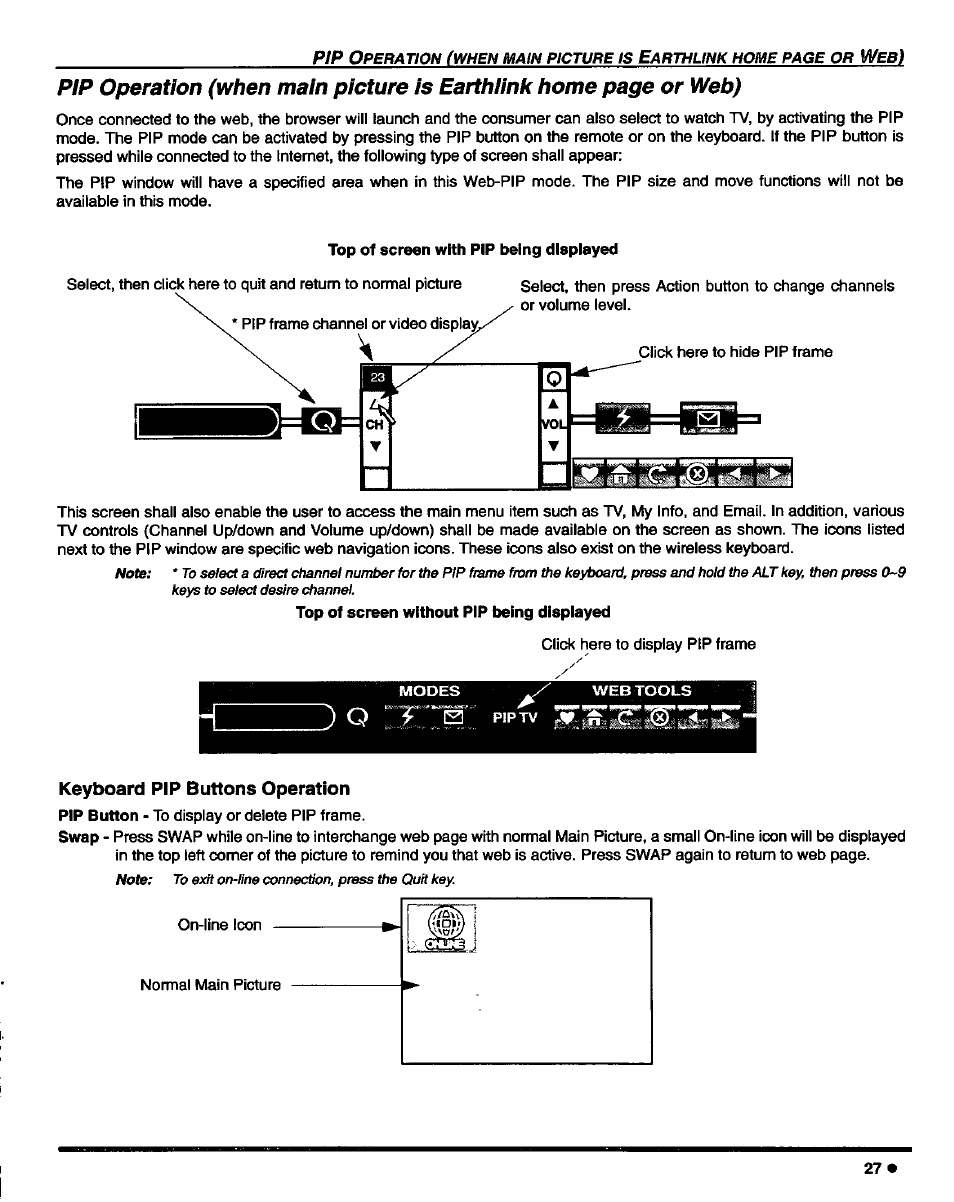 Top of screen with pip being dispiayed, Keyboard pip buttons operation | Panasonic CT-27D42 User Manual | Page 29 / 36