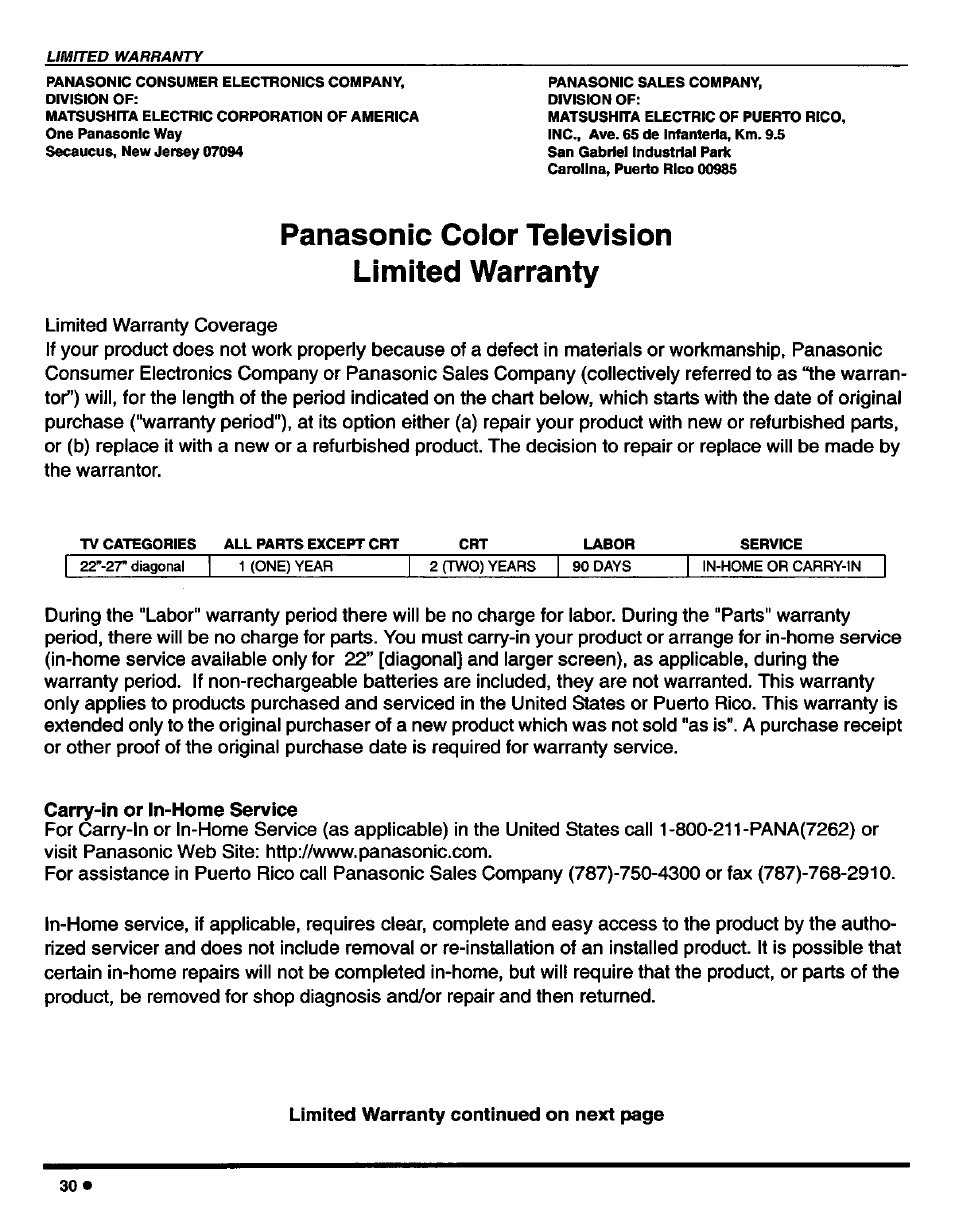 Panasonic color television limited warranty | Panasonic CT-27D42 User Manual | Page 32 / 36