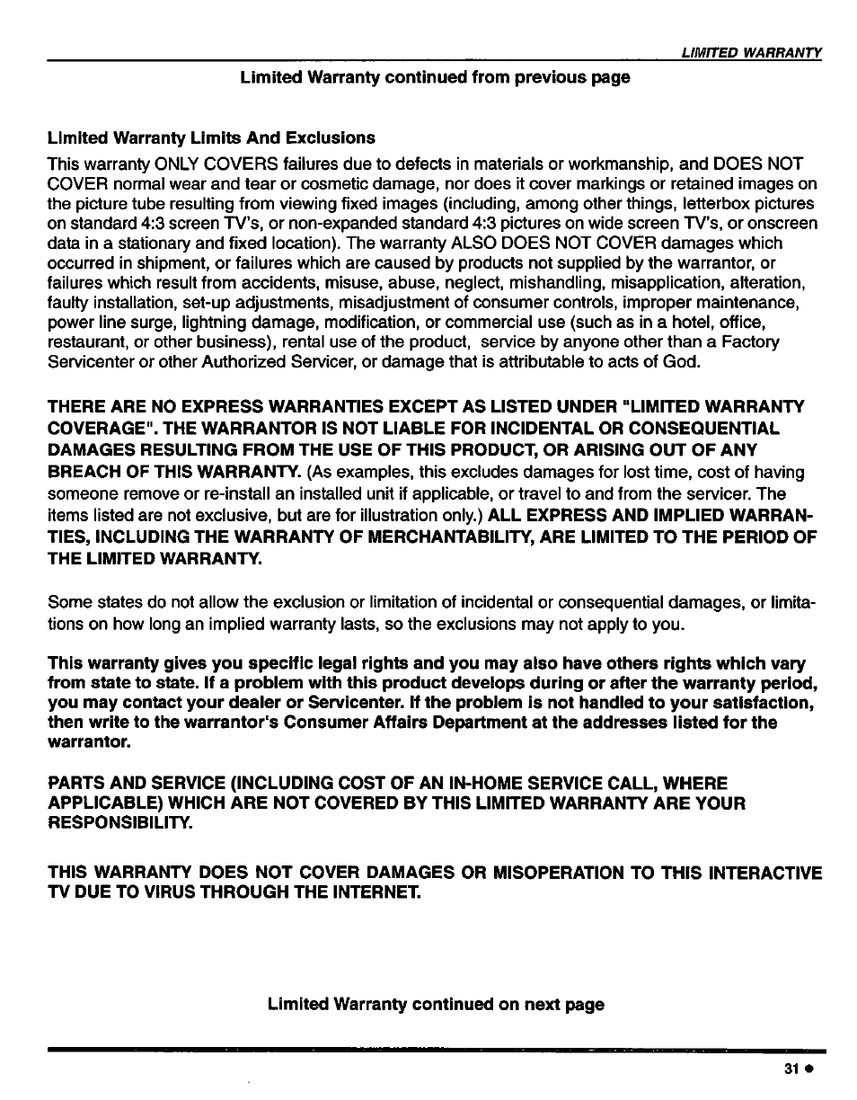 Limited warranty limits and exclusions | Panasonic CT-27D42 User Manual | Page 33 / 36
