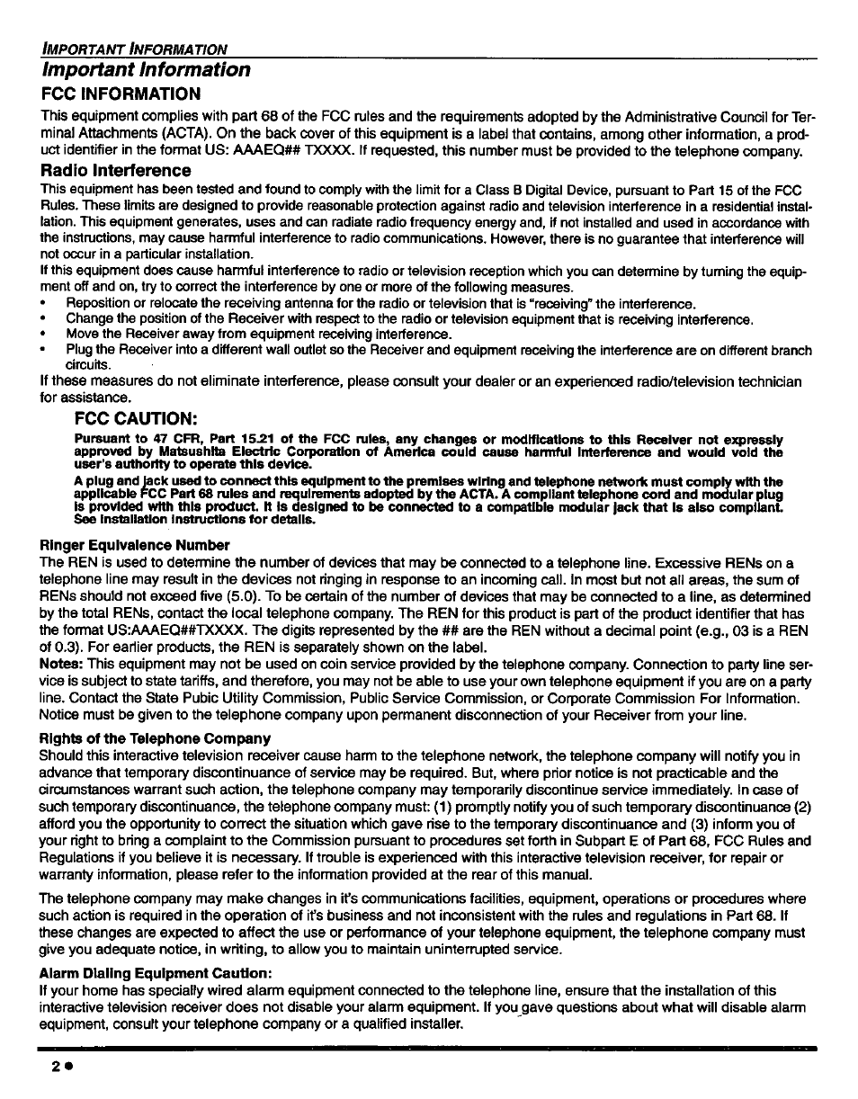 Important information, Fcc information, Radio interference | Fcc caution | Panasonic CT-27D42 User Manual | Page 4 / 36