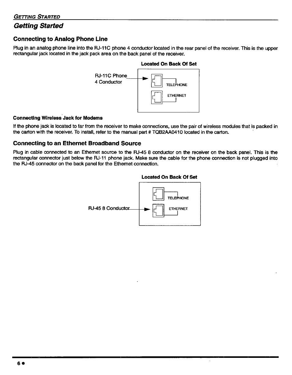 Getting started, Connecting to analog phone line, Located on back of set | Connecting wireless jack for modems, Connecting to an ethernet broadband source | Panasonic CT-27D42 User Manual | Page 8 / 36