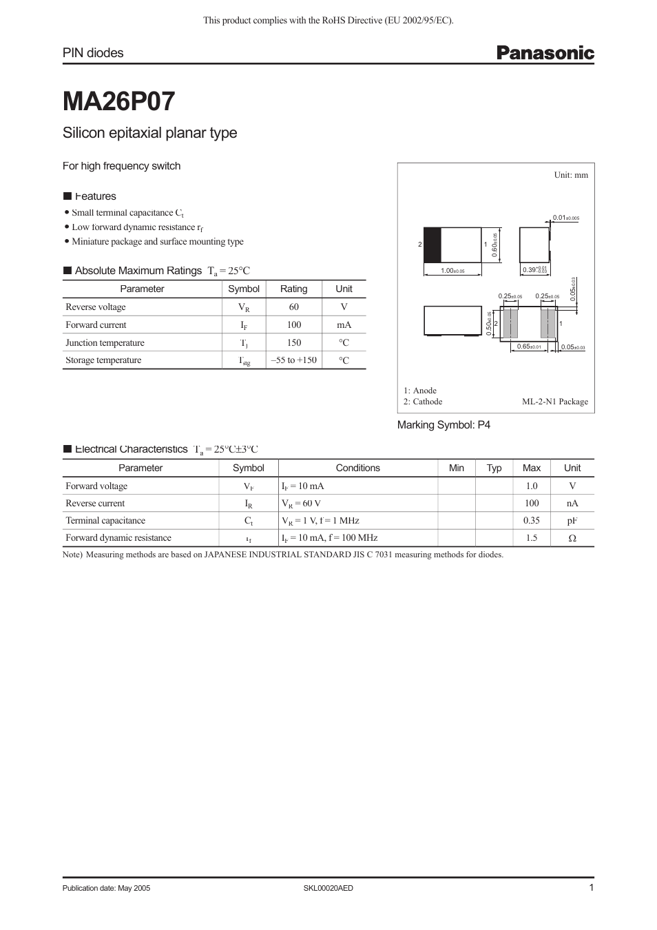 Panasonic MA26P07 User Manual | 2 pages