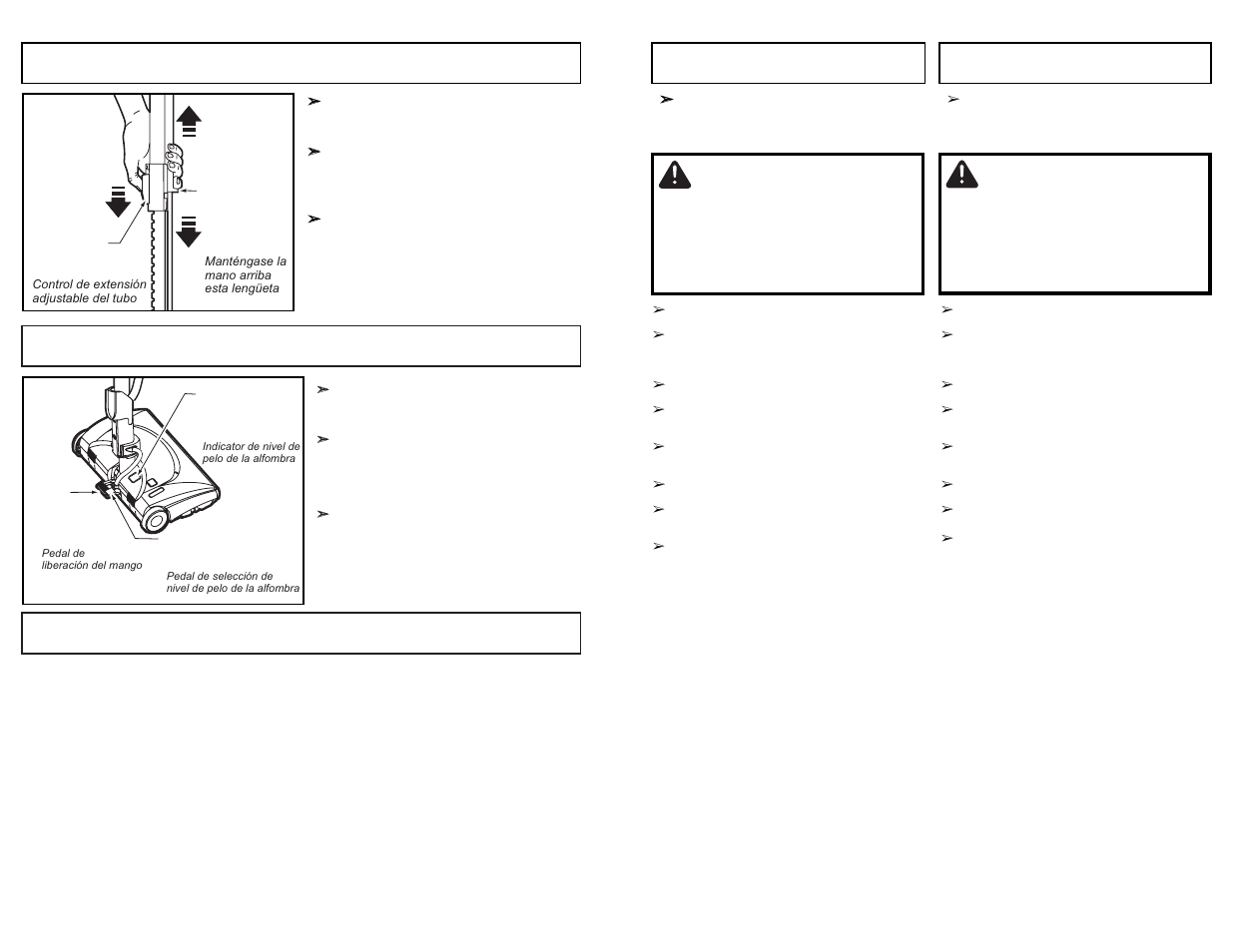 Telescopic wand adjustments, Handle adjustments, Suggested pile height settings | Avertissement, Advertencia, Handle adjustments suggested pile height settings | Panasonic MC-CG985 User Manual | Page 24 / 64