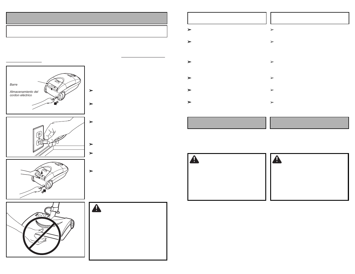 Nettoyage du boîtier et des accessoires, Entretien de la tête motorisée, Limpieza del exterior y del los herramientas | Cuidado del a power nozzle, Caution, Avertissement, Advertencia, Power cord | Panasonic MC-CG985 User Manual | Page 45 / 64