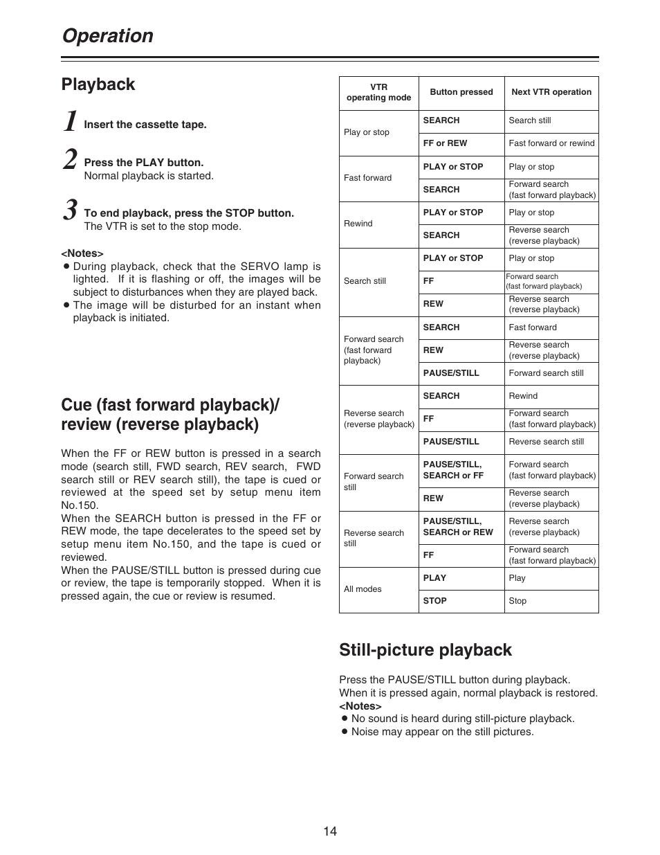 Operation, Playback, Still-picture playback | Panasonic AJ- DCP User Manual | Page 14 / 42