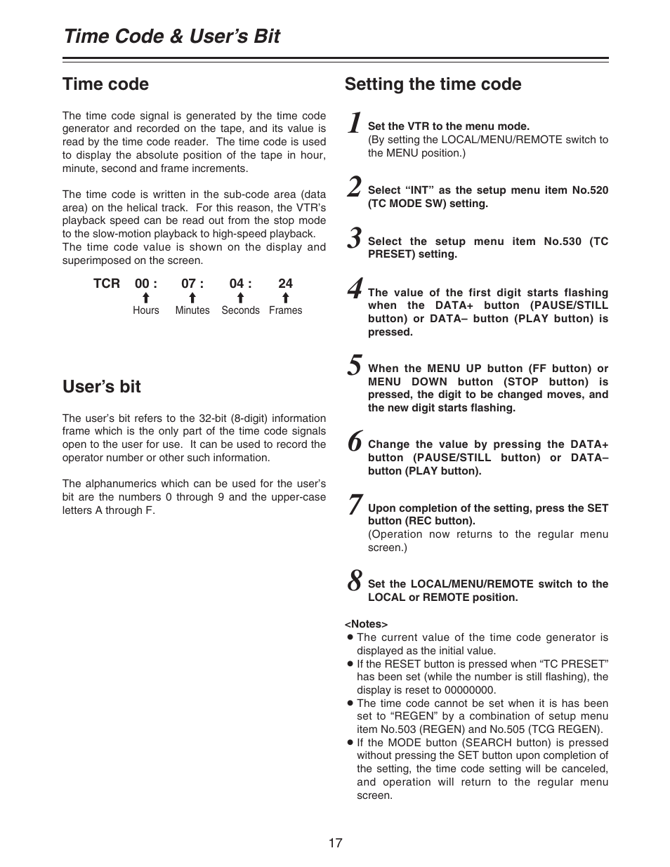 Time code & user’s bit | Panasonic AJ- DCP User Manual | Page 17 / 42