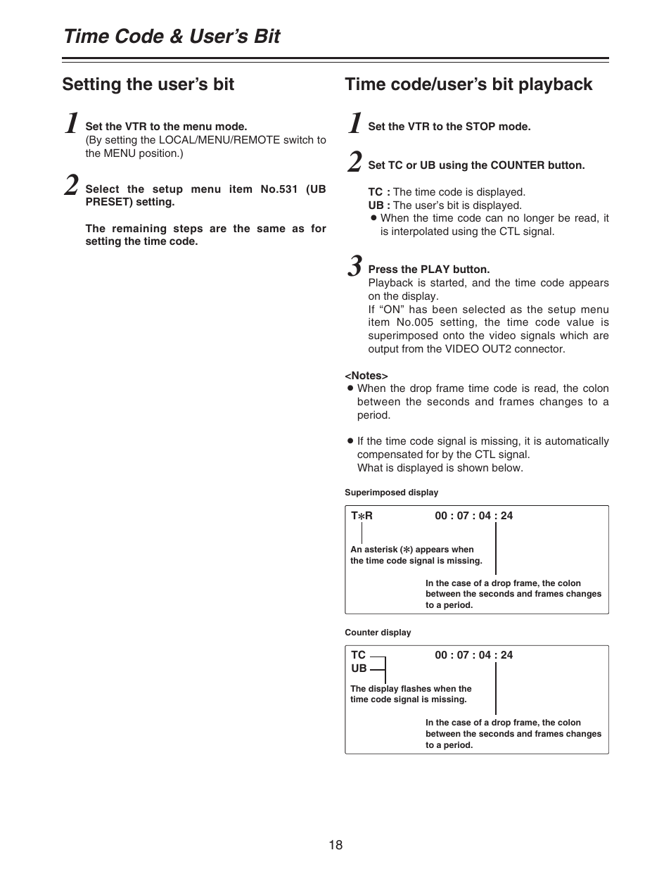 Time code & user’s bit, Setting the user’s bit, Time code/user’s bit playback | Panasonic AJ- DCP User Manual | Page 18 / 42