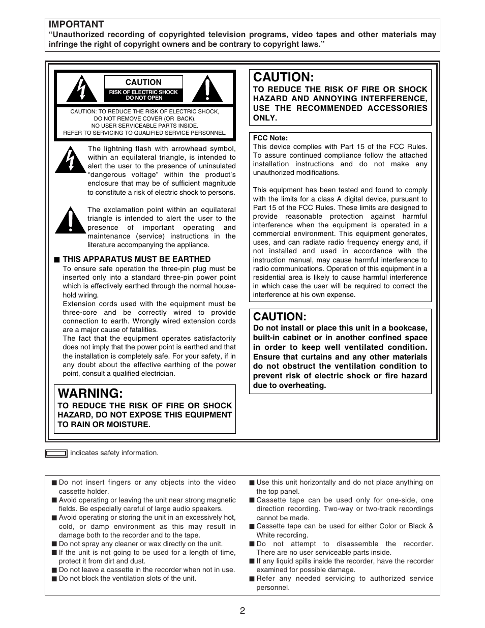 Warning, Caution, Important | Panasonic AJ- DCP User Manual | Page 2 / 42