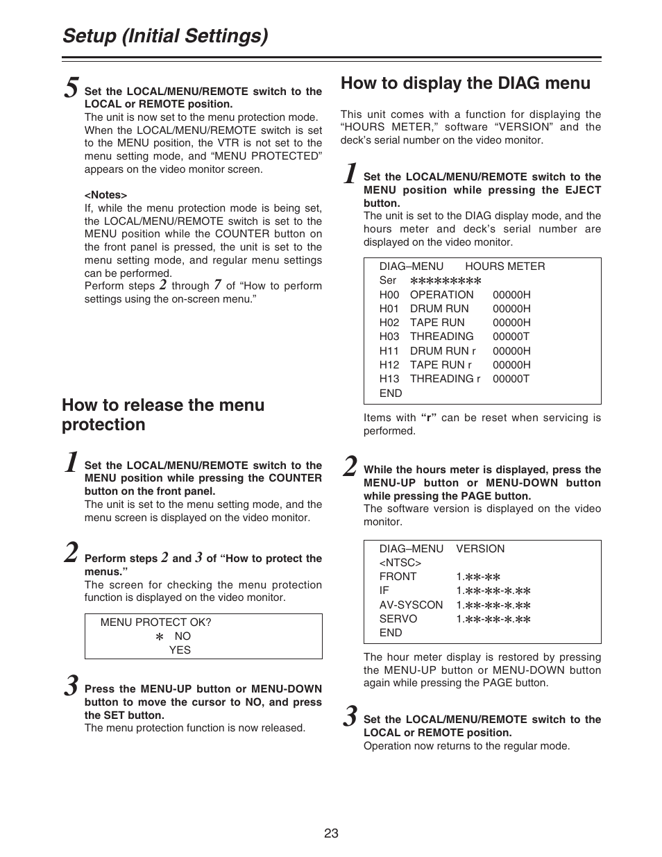 Setup (initial settings), How to release the menu protection, How to display the diag menu | Panasonic AJ- DCP User Manual | Page 23 / 42