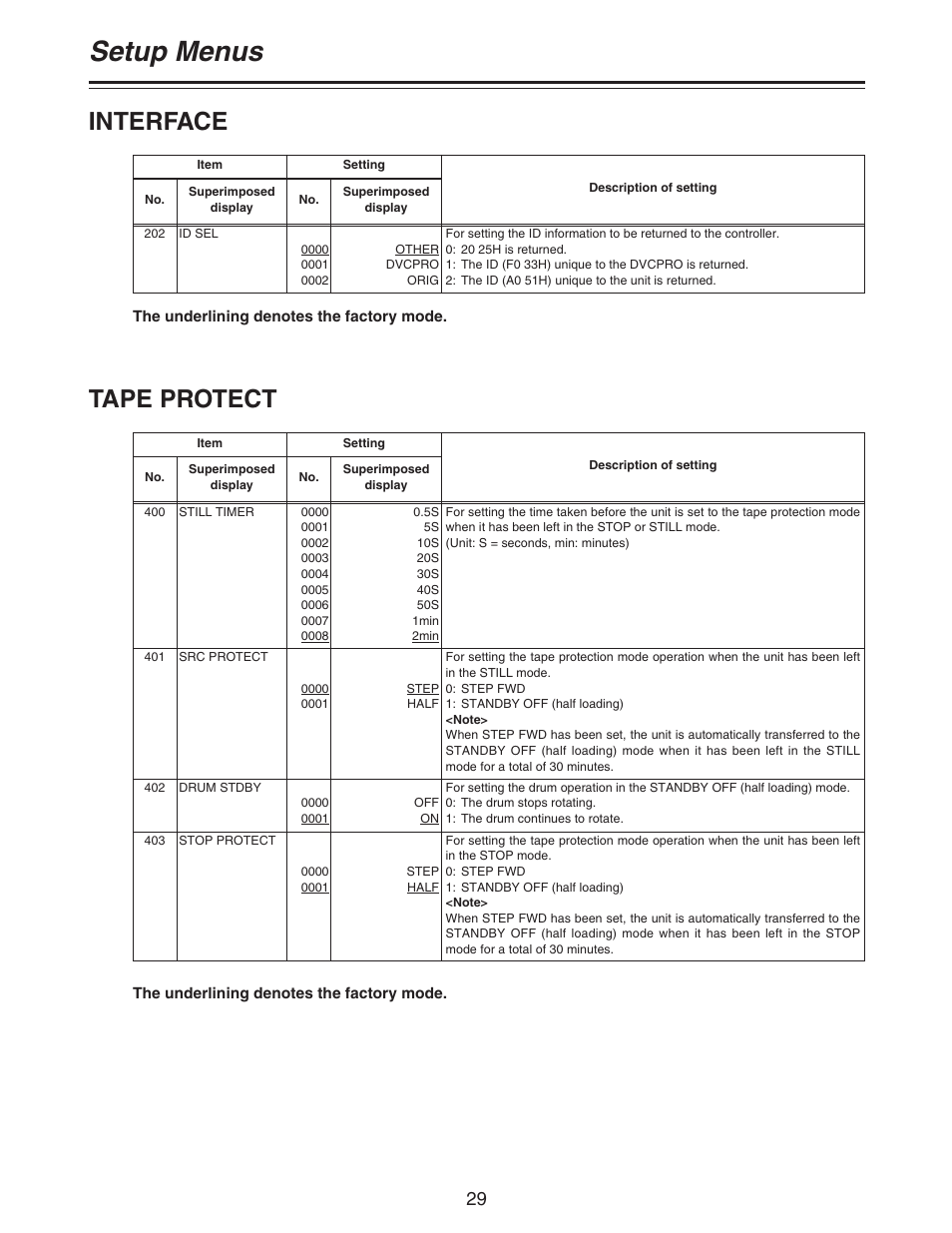Setup menus, Tape protect, Interface | Panasonic AJ- DCP User Manual | Page 29 / 42