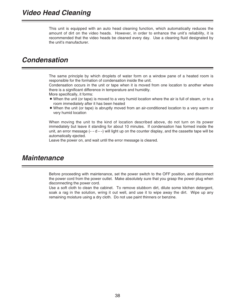 Video head cleaning, Condensation, Maintenance | Panasonic AJ- DCP User Manual | Page 38 / 42