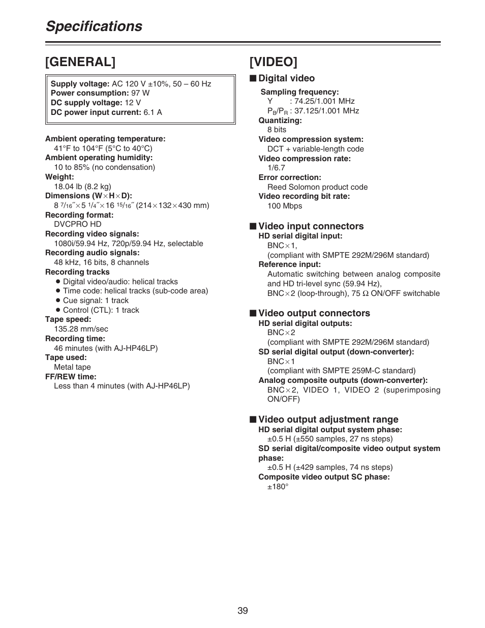 Specifications, General, Video | Panasonic AJ- DCP User Manual | Page 39 / 42