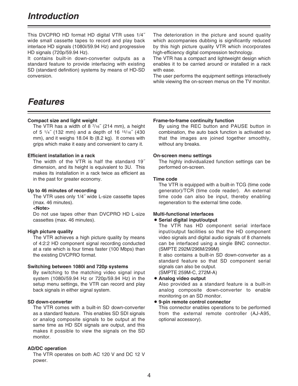 Introduction, Features | Panasonic AJ- DCP User Manual | Page 4 / 42