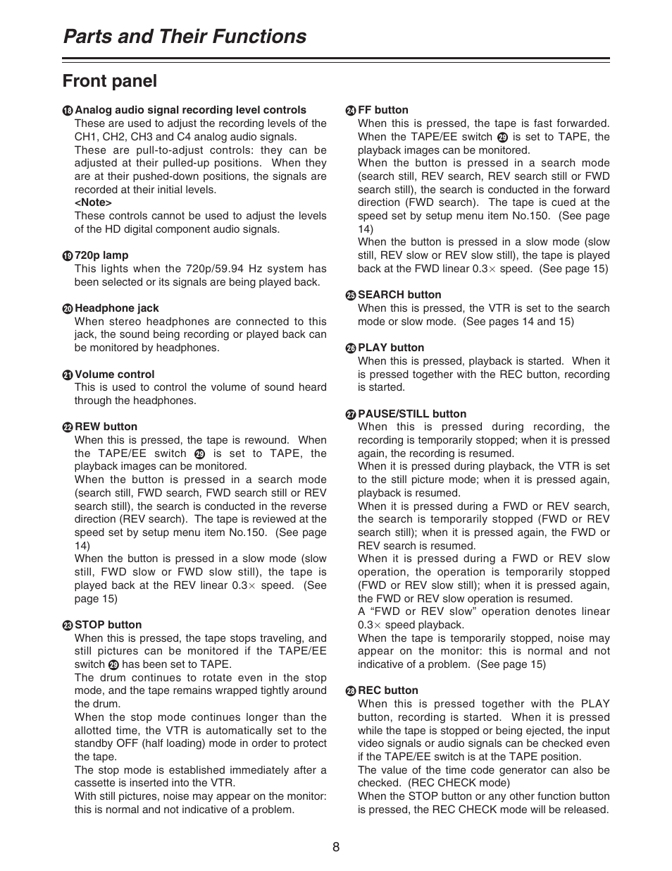 Parts and their functions, Front panel | Panasonic AJ- DCP User Manual | Page 8 / 42