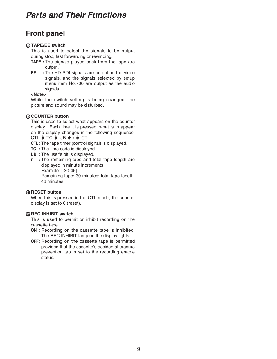 Parts and their functions, Front panel | Panasonic AJ- DCP User Manual | Page 9 / 42