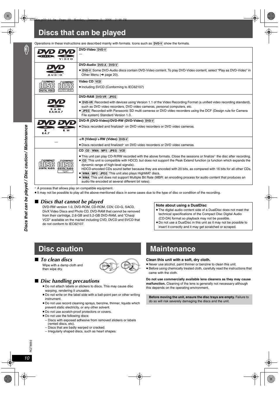 Discs that can be played, Disc caution, Maintenance | Disc caution maintenance, Discs that cannot be played, Disc handling precautions | Panasonic SC-HT440 User Manual | Page 10 / 36