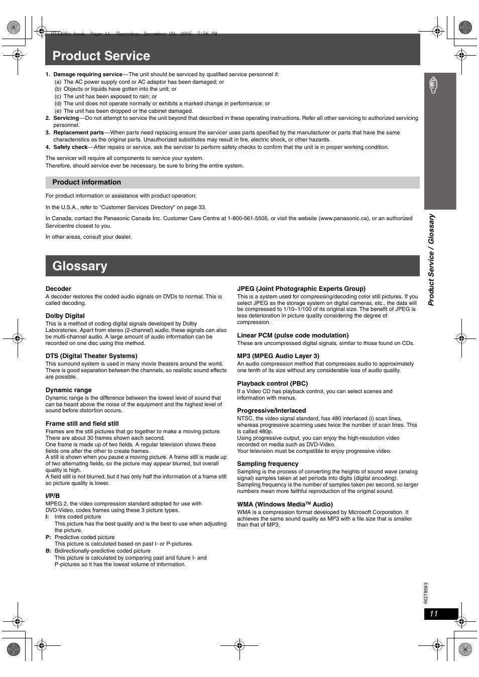 Product service, Glossary | Panasonic SC-HT440 User Manual | Page 11 / 36