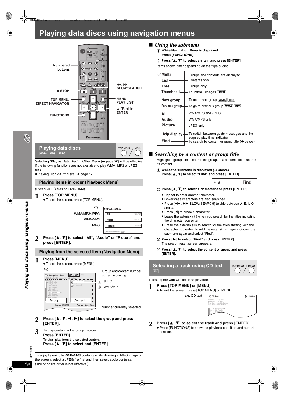 Playing data discs using navigation menus, Using the submenu, Searching by a content or group title | Playing data discs, Selecting a track using cd text | Panasonic SC-HT440 User Manual | Page 16 / 36